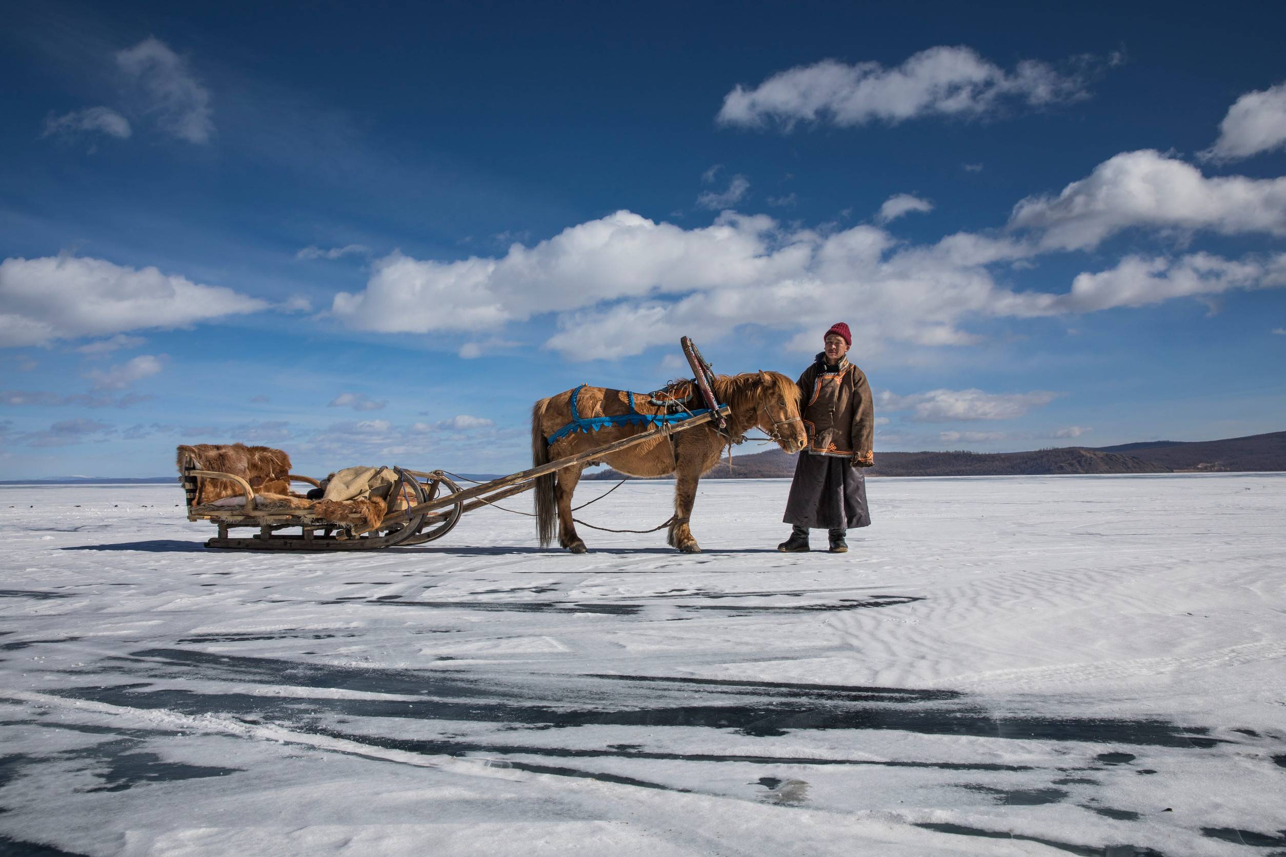 Horse Sledge Crossing Frozen Khovsgol Lake