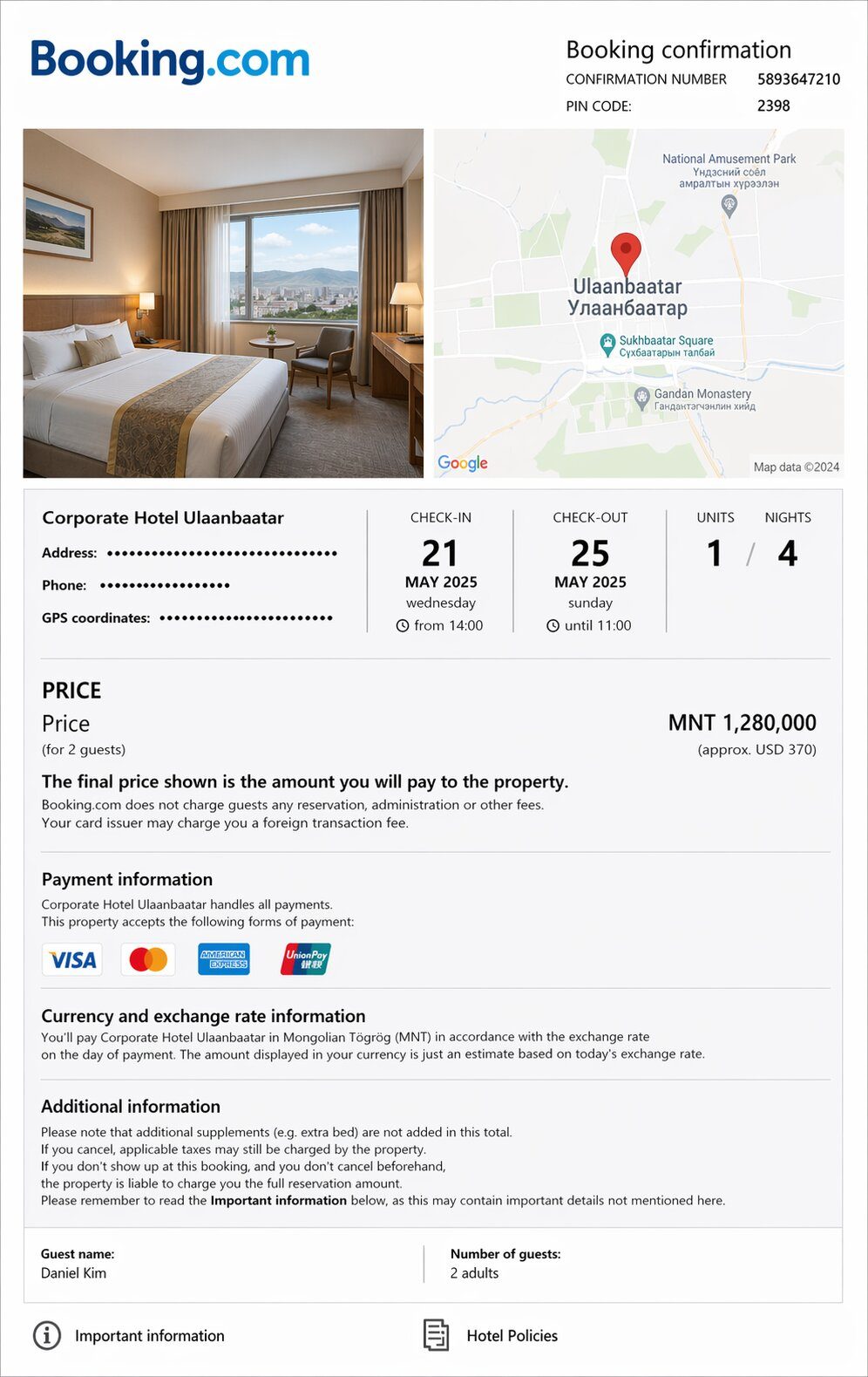 Mongolia Accommodation Booking Sample