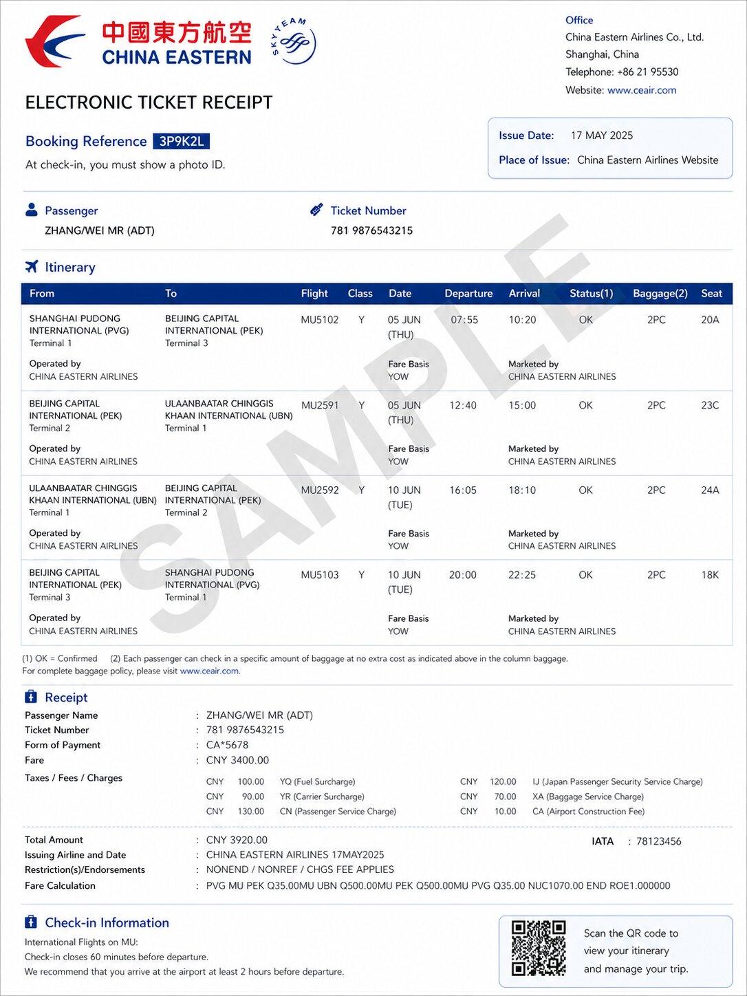 Mongolia Airline China Eastern Sample