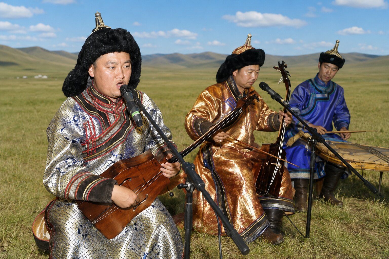 Traditional Mongolian music being performed on a field